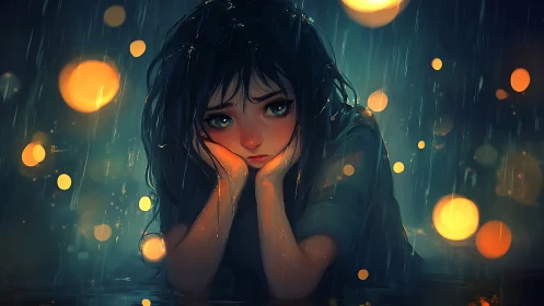 Raindrops cradle a wistful girl wrapped in floating lights