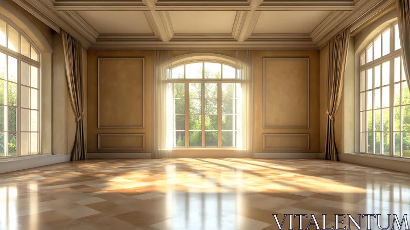 Neoclassical sunlit ballroom interior with coffered ceiling detail