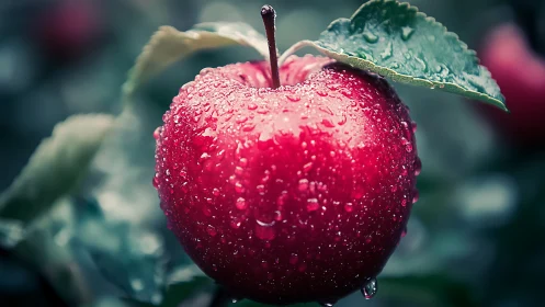 Red apple with water droplets hangs sharply against soft bokeh