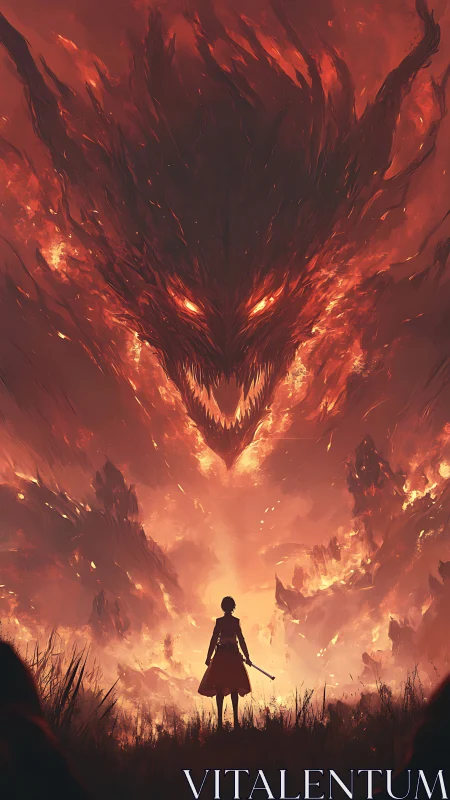 Lone warrior confronts colossal fire demon in blazing sky.