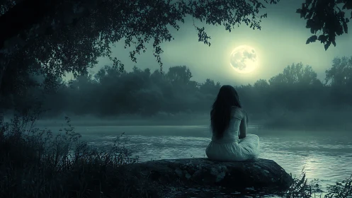 Woman in white dress sits by moonlit forest lake at night