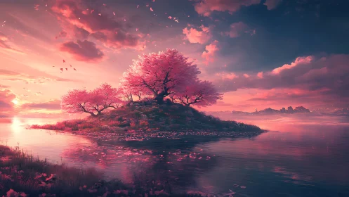 Pink cherry blossom island reflects in glowing sunset lake