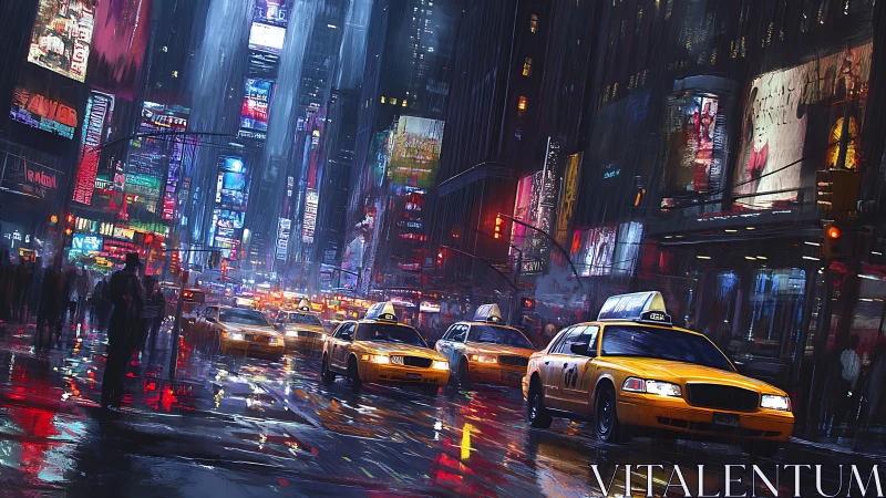 Rainy night city street with yellow cabs and neon lights.