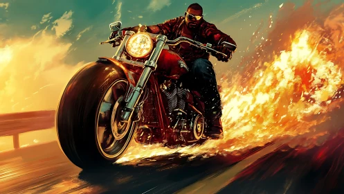 Flaming cruiser motorcycle at speed with dynamic rider motion