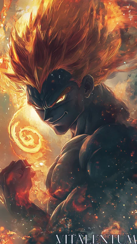 Muscular flame-haired figure in fiery digital environment.