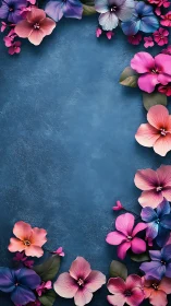 Colorful Flowers Arranged Border on Blue Textured Background
