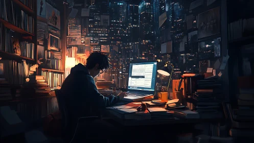 Night coder in dense studio office with neon city backdrop.