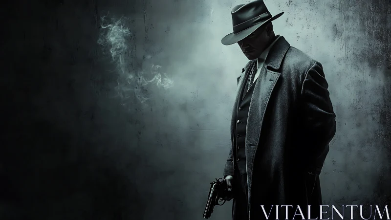 Noir detective in trench coat holding revolver in shadows.