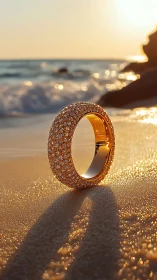 Diamond ring casts a glowing shadow on sunlit beach sand.