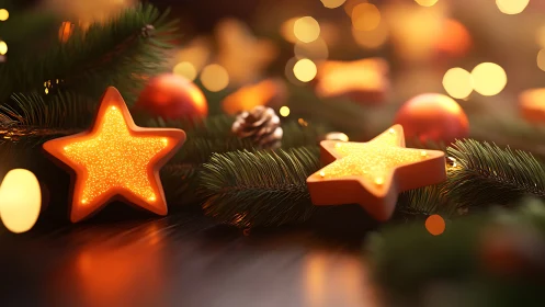 Illuminated star ornaments rest on fir branches