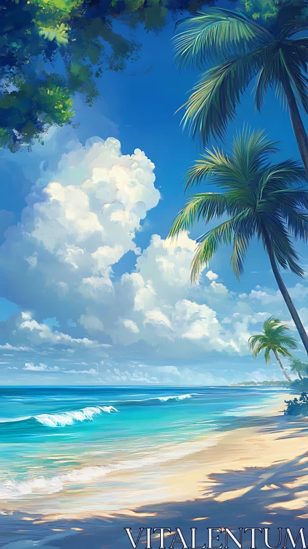 Tropical Beach Paradise with Palm Trees and Cloud-Filled Sky