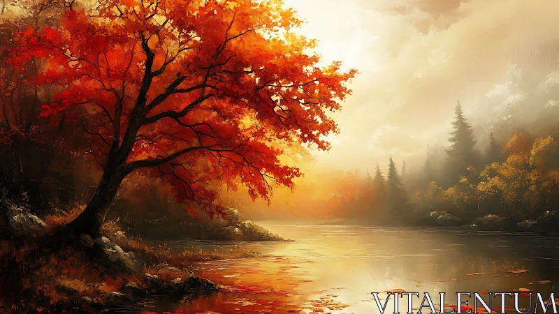 Crimson autumn sentinel leaning over a mistlit river dream.