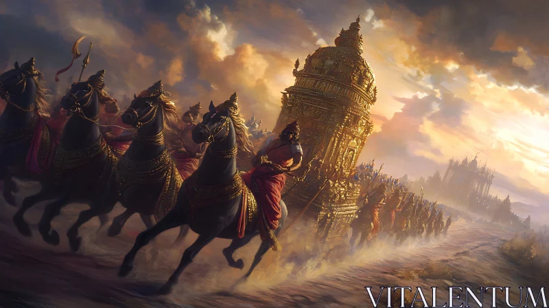 Epic golden war chariot procession in dynamic digital painting.
