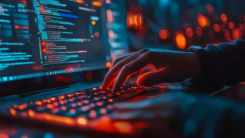Code glows on a laptop as a programmer works in neon light