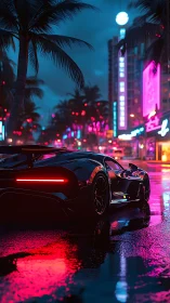 Midnight hypercar under neon city lights and wet reflections.