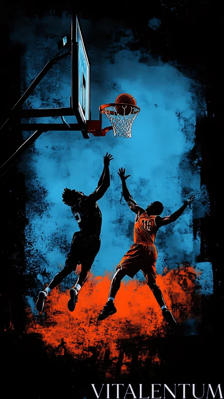 Silhouetted basketball duel captures tense scoring moment