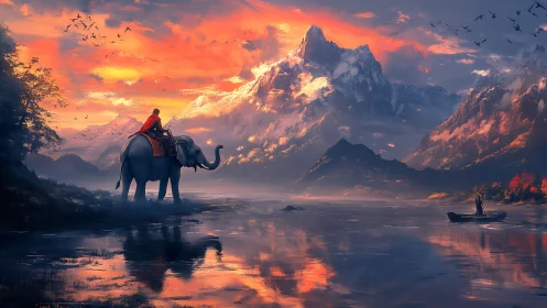 Elephant rider greets a molten sunrise over mythic peaks.