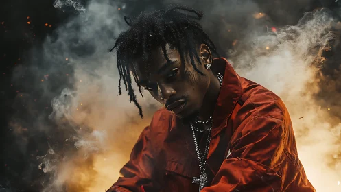 Low-key portrait in volumetric smoke and ember backlighting.