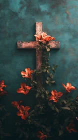 Rust kissed cross wrapped in ember lilies and quiet reverence.