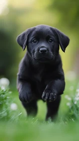 Shallow depth-of-field capture shows black puppy in mid-stride