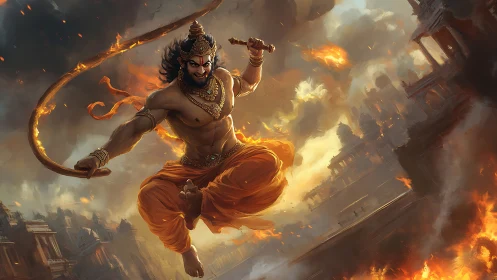 Mythic warrior leaps through flames above a burning cityscape