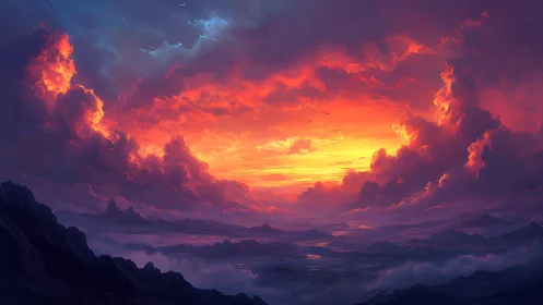 Fiery sunset sky ignites a vast, misty fantasy landscape