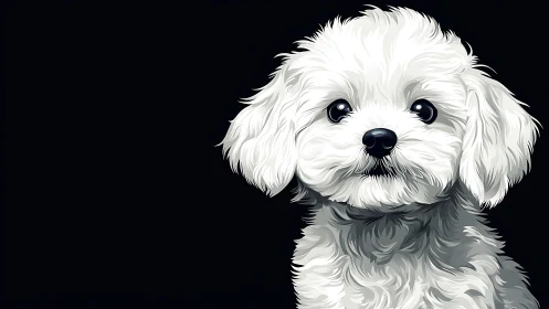 White fluffy puppy portrait on deep black negative space.
