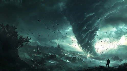 Storm-lit horizon reveals a lone figure facing colossal tornado