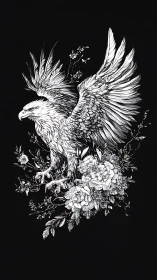 Detailed eagle line illustration with blooms on black background.