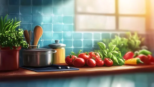 Sunlit kitchen counter with ripe tomatoes and herbs.