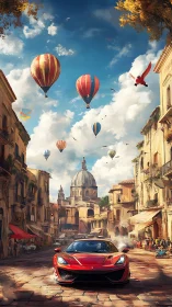 Scarlet supercar races beneath a carnival of drifting balloons