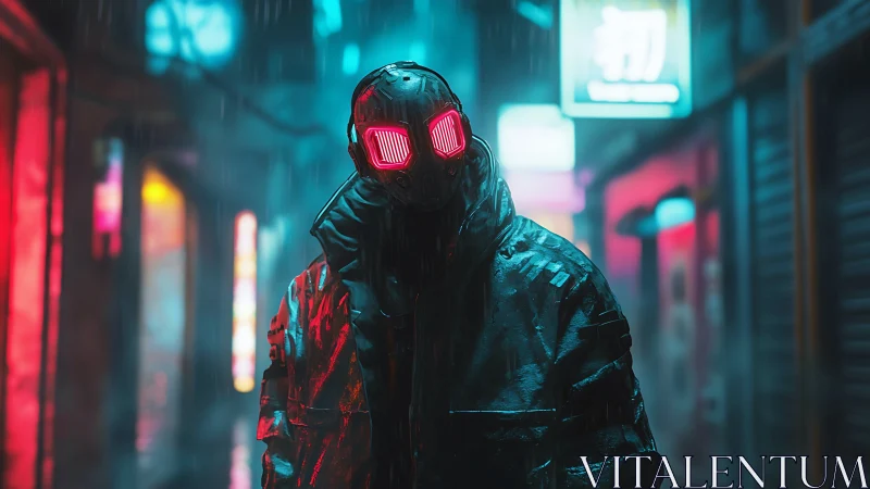 Cyberpunk sentinel in neon alley with glowing visor.