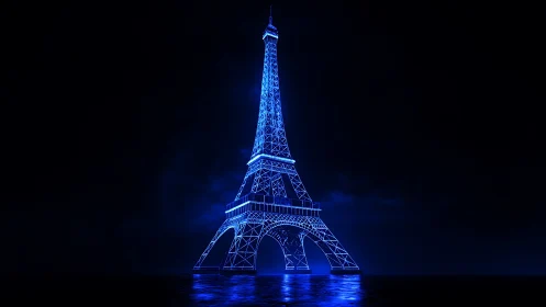 Neon wireframe Eiffel Tower in luminous cyber grid space.
