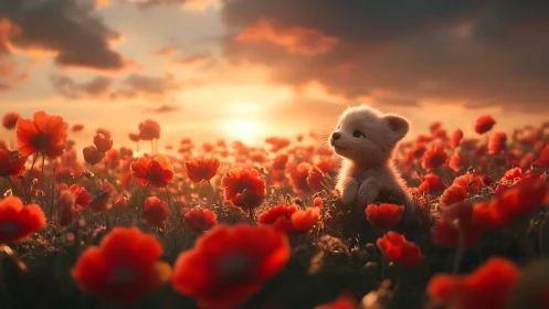 Fluffy puppy gazes at glowing sunset over poppy field.