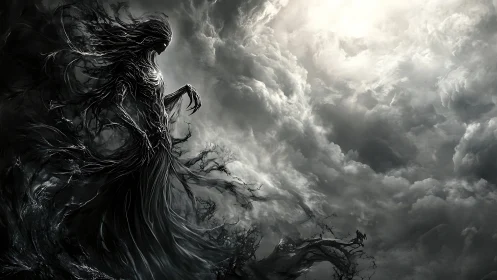 Shadow wraith figure emerging from storm-torn clouds.