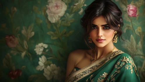 Elegant woman in green sari with gold jewelry, floral art portrait.