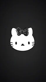 Minimal kitty emblem with monochrome bow on black field.