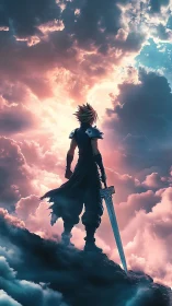 Sword warrior silhouette over luminous storm clouds.
