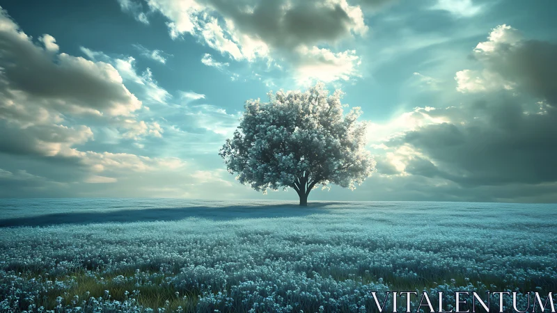 Solitary flowering tree anchors a cool-toned atmospheric meadow