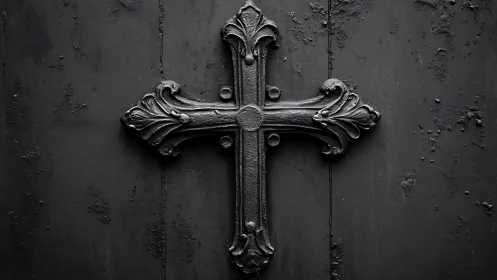 Weathered metal cross rests calmly on a dark textured door