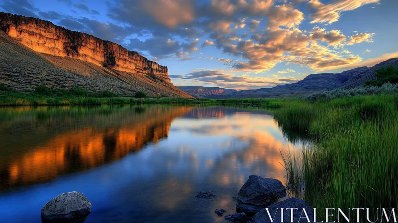 Sunlit canyon walls mirrored in a river of painted sky.