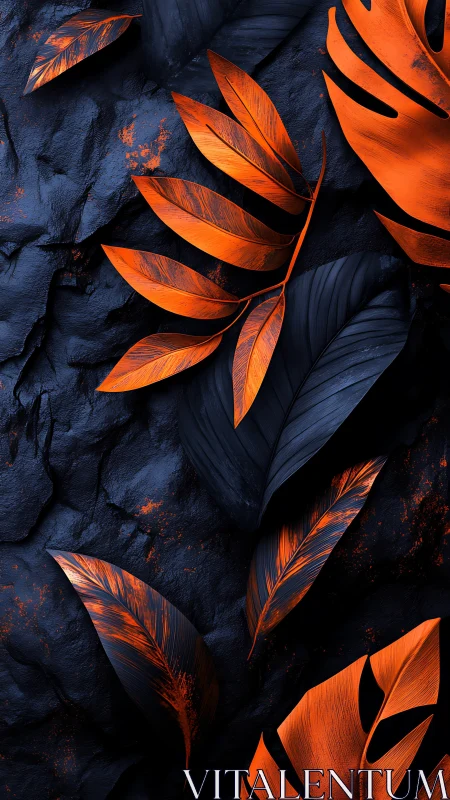 Ember leaves drifting across midnight stone and shadow.