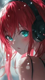 Anime portrait with cyan eyes and red hair in shallow focus.
