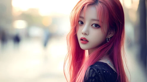 Soft-lit portrait of pink-haired girl in urban dusk street.