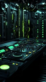 Futuristic DJ control workstation with neon green interface