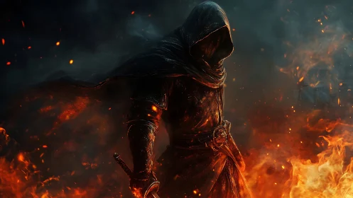 Hooded armored warrior amid cinematic inferno embers glow