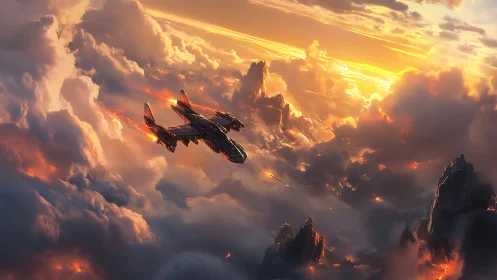 Digital painting of starfighter diving through radiant storm clouds.