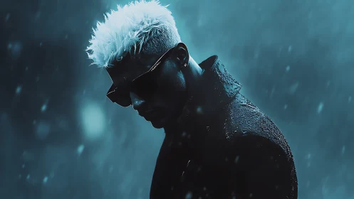 Moody cyberpunk man in rain-drenched neon blue glow.
