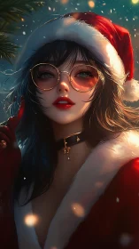 Stylized Christmas portrait of girl in Santa coat and glasses.