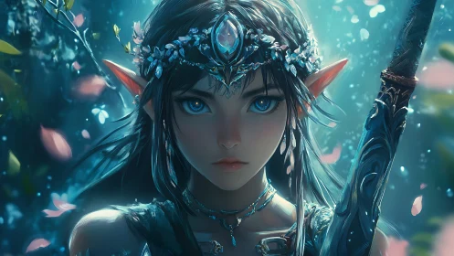 Elf warrior princess holds crystal staff in glowing forest